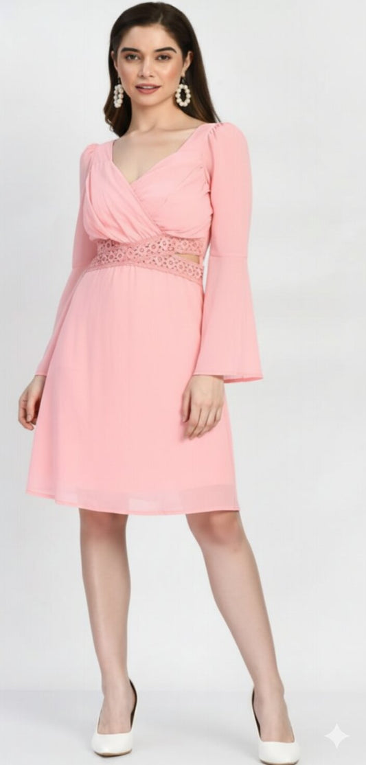 Pink Lace Work Dress with Lining