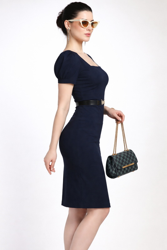 Navy Blue Bodycone Dress with Belt