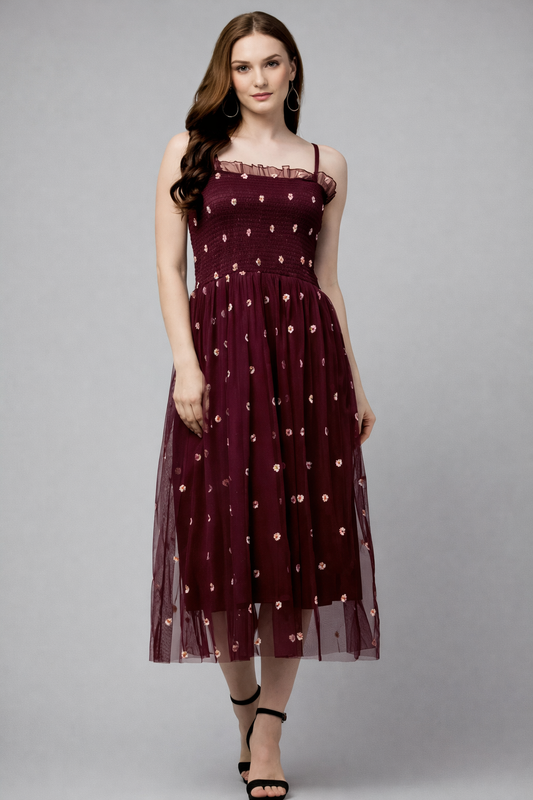 Wine Colour Fit and Flare Women Dress