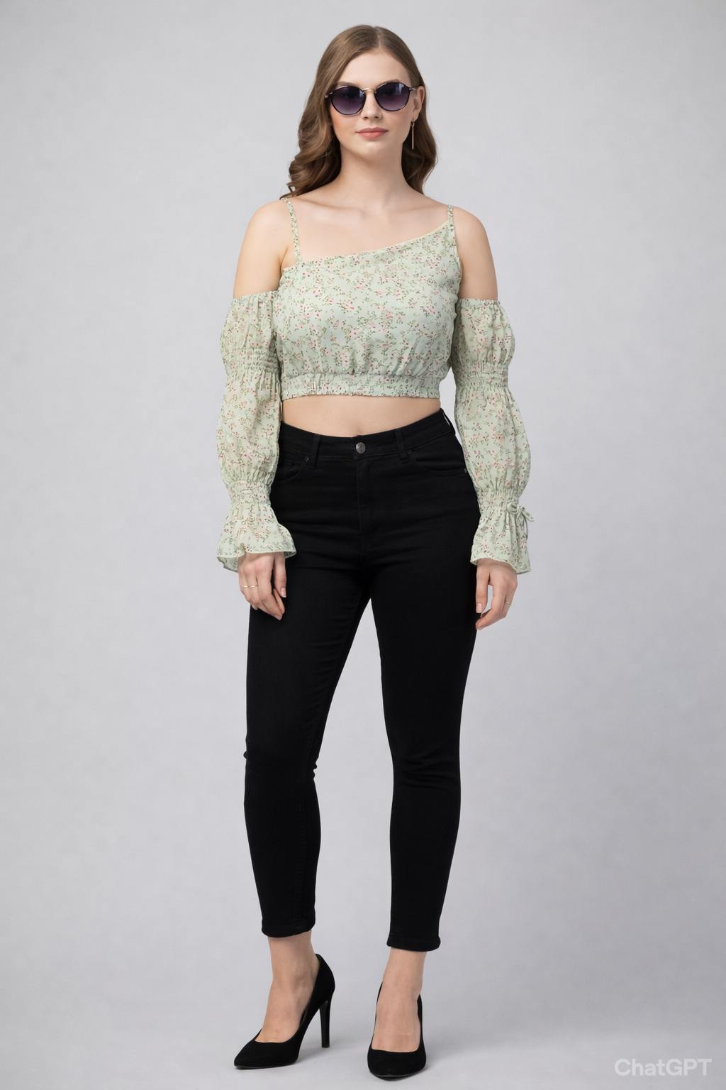 Olive Green One Shoulder Georgette Top