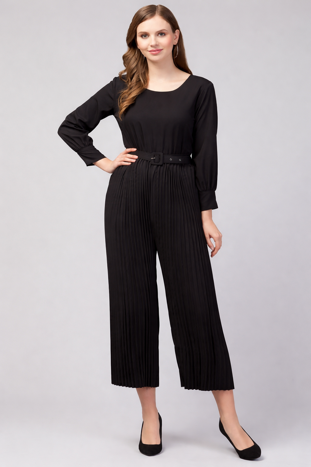 Black Pleating American Crepe Embellished Jumpsuit