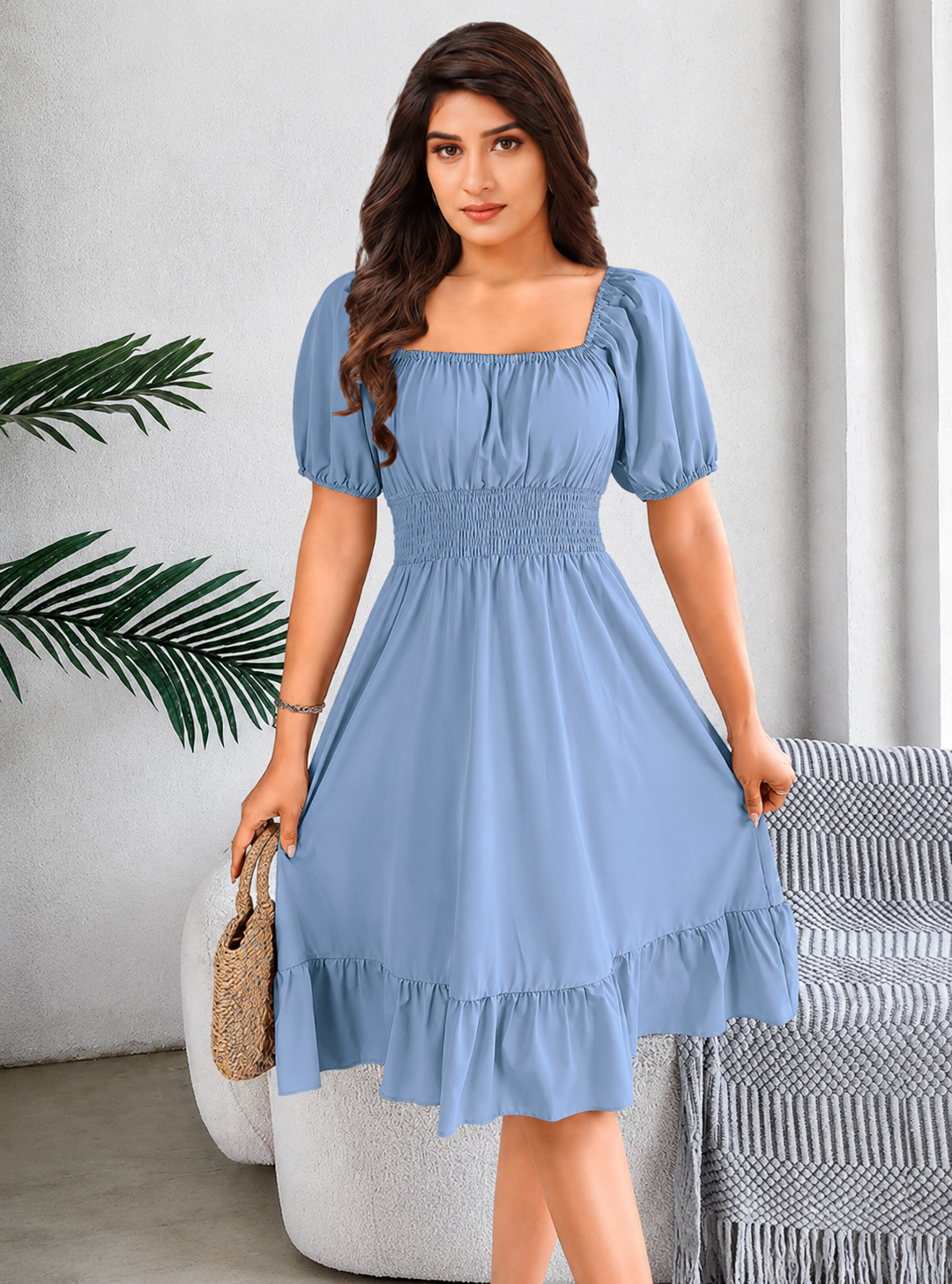 Sky Blue Square Neck Dress