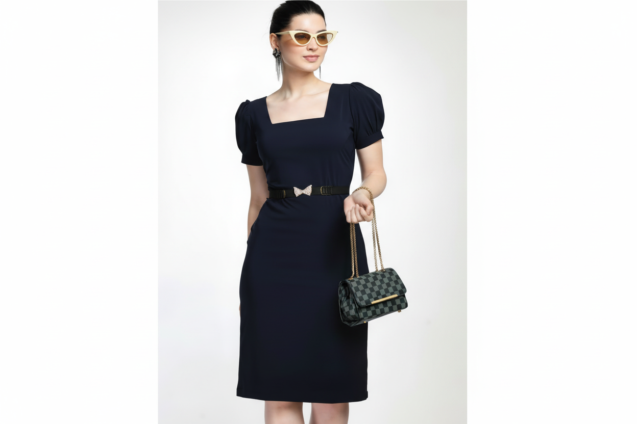 Navy Blue Bodycone Dress with Belt